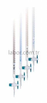 ISOLAB Büret - Düz - Şeffaf - PTFE Musluklu - AS Kalite - Grup Sertifikalı - Şelbah Çizgisiz - Mavi Skala - 10 ml