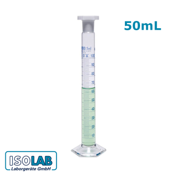 ISOLAB Mezür - Çalkalama - Hexagonal Cam Tabanlı - A Kalite - Grup Sertifikalı - Mavi Skala - 50 ml - (1 Adet)