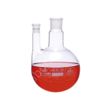 ISOLAB Balon - Dibi Yuvarlak - 2 Boyunlu - Paralel Yan Boyun - Merkez Boyun : NS 24/29 - Yan Dişi Şilif : NS 14/ 23 - 250 ml
