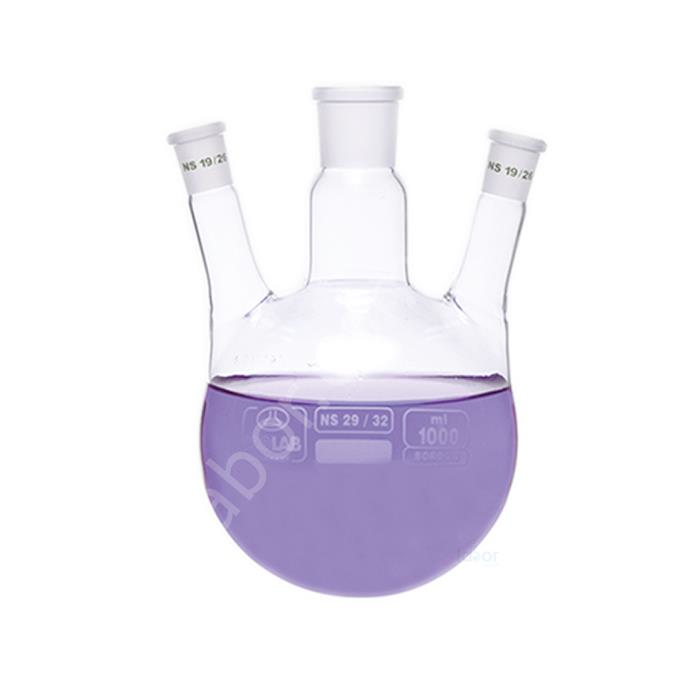 ISOLAB Balon - Dibi Yuvarlak - 3 Boyunlu - Yan Dişi Şilif - Merkez Boyun : NS 24/29 - Yan Boyun(Lar) : NS 14/ 23 - 1000 ml