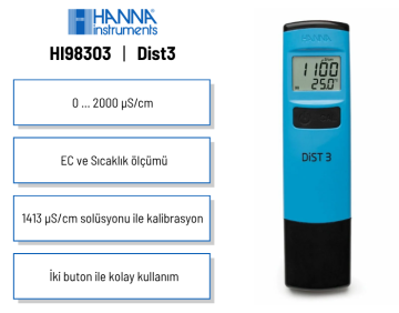 HANNA HI98303 DİST® 3 Waterproof EC Cep Tipi İletkenlik Ölçer 0... 2000 μS/cm | 0.0... 50 °C