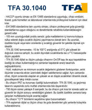 TFA 30.1040 Saplama Tip Gıda Termometresi IP67 -40... +250 °C  HACCP Onaylı