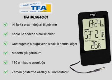 TFA 30.5048.01 Kablolu Dış Sıcaklık Sensörlü Sıcaklık ve Nem Ölçer -30... +60 °C | 0... +50°C / %20... 90 RH