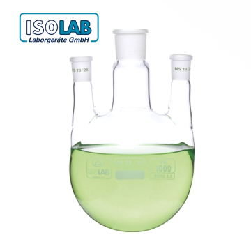 ISOLAB Balon - Dibi Yuvarlak - 3 Boyunlu - Paralel Yan Boyun - Merkez Boyun : NS 29/32 - Yan Boyun(Lar) : NS 14/23 - 250 ml
