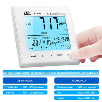 CEM DT-802 CO2 ve Hava Kalitesi Ölçer 0... 9999 ppm Sıcaklık - Nem  ve Tarih - Saat Gösterimi