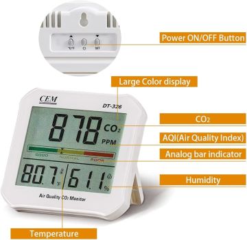 CEM DT-326 CO2 ve Hava Kalitesi Ölçer CO2: 0... 5000 ppm / Sıcaklık: -10… 50 °C / Nem: 0... 100%RH
