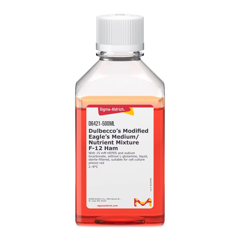 Sigma-Aldrich D6421 Dulbecco′s Modified Eagle′s Medium/Nutrient Mixture F-12 Ham With 15 mM HEPES and sodium bicarbonate, without L-glutamine, liquid, sterile-filtered, suitable for cell culture 500 mL