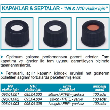 ISOLAB Kapak + Septa - N9 - Silikon/PTFE - Yarıksız