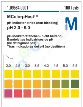 Merck 109584 pH-indicator strips pH 2.0 - 9.0 non-bleeding, colorimetric, pH range 2.0-9.0, graduations and accuracy: 0.5 pH unit, MQuant® 100 strips