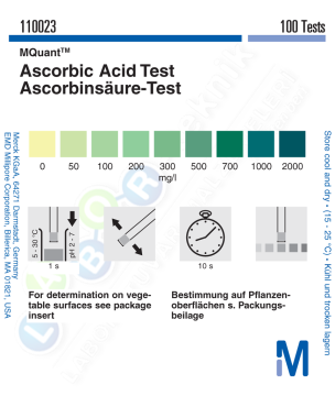 Merck 110023 Askorbik Asit Testi Kolorimetrik  50 - 100 - 200 - 300 - 500 - 700 - 1000 - 2000 Mg/L Mquant™ 1 Kutu