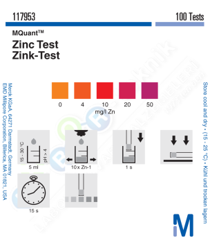 Merck 117953 Zinc Test (Çinko Testi) Method: colorimetric with test strips 0 - 4 - 10 - 20 - 50 mg/l Zn MQuant® 100 Test/Plastic Box