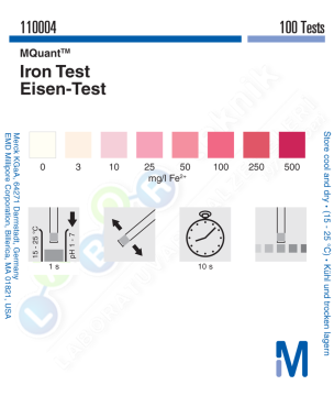 Merck 110004 Iron Test colorimetric, 3-500 mg/L (Fe2+), MQuant® 3 - 10 - 25 - 50 - 100 - 250 - 500 Mg/L Fe2+ Mquant