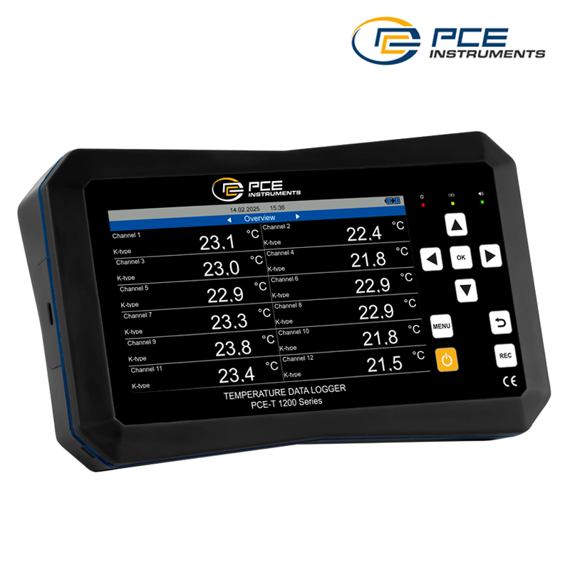 PCE T 1220 12 Kanallı Termometre Data Logger -200... + 1800 °C | 10.000.000 Veri Saklama, Desteklenen Termokupl Tipleri: K, J, S, R, E, T, N, B Yazılım Dahil