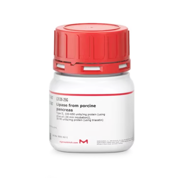 Sigma-Aldrich L3126 Lipase from porcine pancreas Type II, ≥125 units/mg protein (using olive oil (30 min incubation)), 30-90 units/mg protein (using triacetin) 25 gr