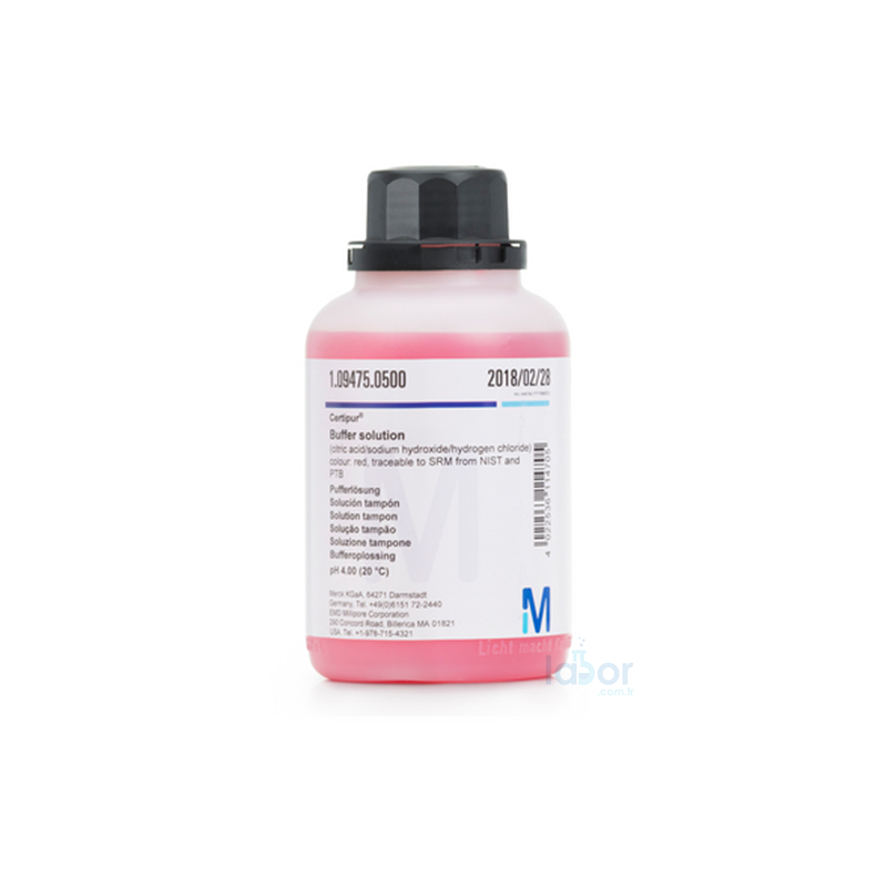 Merck 109475 pH 4.00 (Citric Acid/Sodium Hydroxide/Hydrogen Chloride) Colour: Red Traceable To Srm From Nıst And Ptb pH 4.00 (20 °C) Certipur  500 ml