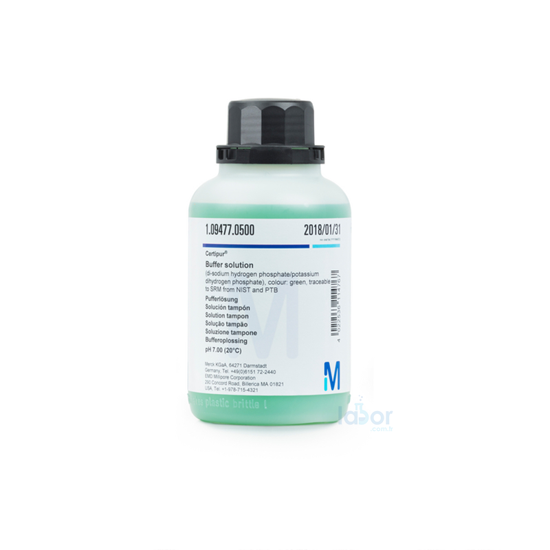 Merck 109477 pH 7.00  (Di-Sodium Hydrogen pHospHate/Potassium Dihydrogen pHospHate), Colour: green Traceable To Srm From Nıst And Ptb pH 7.00 (20°C) Certipur®  500 ml