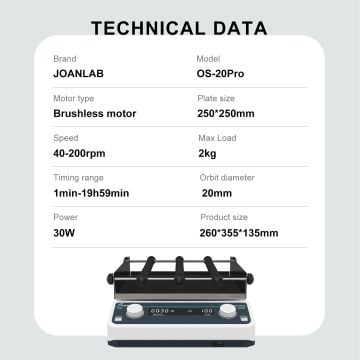 JOANLAB OS-20Pro Sabit Çalışma Plakalı Dijital Dairesel Sallanma Hareketli Çalkalayıcı 40...  200 rpm / 5 kg / 20 mm