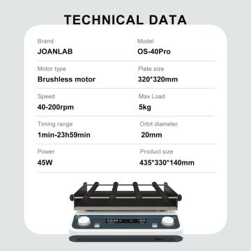 JOANLAB OS-40Pro Sabit Çalışma Plakalı Dairesel Sallanma Hareketli Çalkalayıcı 40...  200 rpm / 5 kg / 20 mm