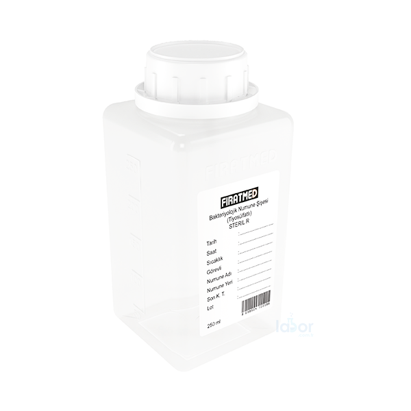 Fıratmed Su Numune Şişesi Tiyösülfatlı / 250 ml hacimli / Etiketli / Güvenlik halkalı kapak / 30 mm ağız çaplı / Steril / 250 mL / 135 Adet