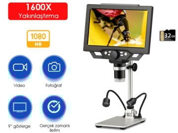 LT G1600 Plus + Renkli Ekranlı Dijital Mikroskop 1600X / 9'' HD Ekran / 8 LED Aydınlatma + 2 Adet Eksta Işık