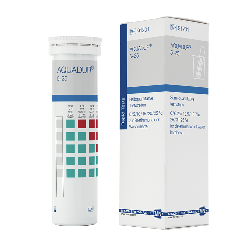 ISOLAB Aquadur® Su Sertlik Kağıdı - M&N  < 54 • > 90 • > 180 • > 270 • > 360 • > 450 ppm CaCO₃  (100 Adet/Tüp)