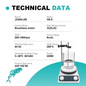 JOANLAB HS5 Isıtıcılı Manyetik Karıştırıcı 200... 1500 rpm / 2 L / 260 °C / 200 W