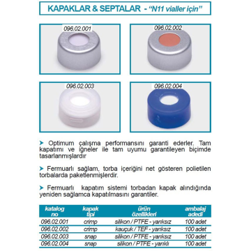 ISOLAB Crimp Kapak + Septa - Silikon / PTFE - Yarıksız - N11 Crimp Vial İçin