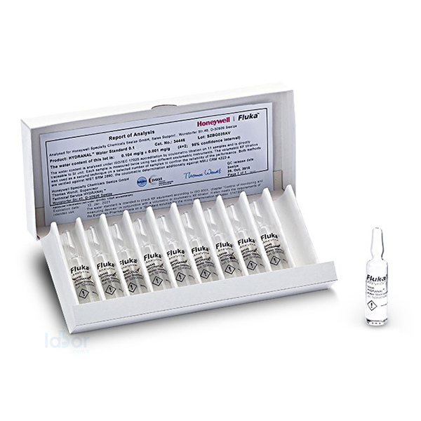 Hydranal® 34847  Water Standard 0.1 Standard for Karl Fischer titration (water content 0.1 mg/g = 0.01%, exact value on report of analysis), verified against NIST SRM 2890, Box contains 10 glass ampoules of 4 mL / 40 mL