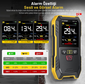 FNIRSI WMT-10 Manyetik Sensörlü Ahşap ve Yapı Malzemesi Nem Ölçer Alçı Duvar: %0... %25, Tuğla Duvar: %0... %43, Yumuşak Ağaç: %0... %75, Sert Ağaç: %0... %75
