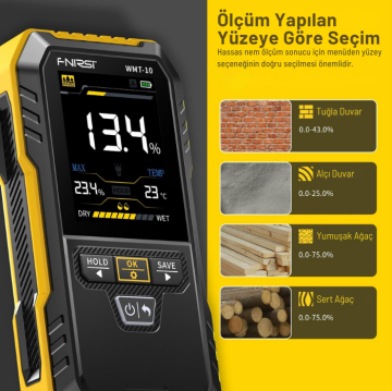 FNIRSI WMT-10 Manyetik Sensörlü Ahşap ve Yapı Malzemesi Nem Ölçer Alçı Duvar: %0... %25, Tuğla Duvar: %0... %43, Yumuşak Ağaç: %0... %75, Sert Ağaç: %0... %75