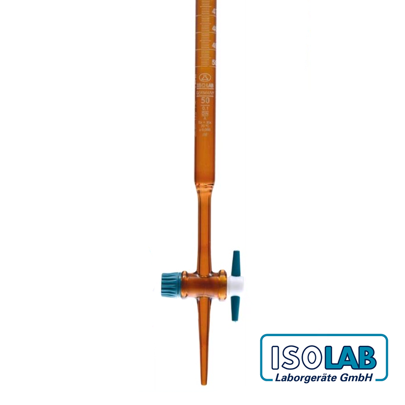ISOLAB Büret - Düz - Amber - PTFE Musluklu - AS Kalite - Grup Sertifikalı - Beyaz Skala - 10 mL