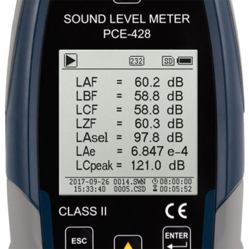 PCE 430 Gürültü Ölçüm Cihazı Class 1 (Opsiyonel 1/3 Oktav Band Filtresi Yükseltmesi) 22... 136 dB