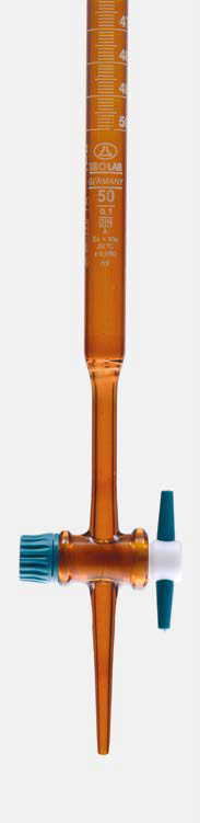 ISOLAB Büret - Düz - Amber - Ptfe Musluklu - As Kalite - Grup Sertifikalı - Beyaz Skala - 50 ml