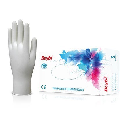 Beybi Nitril Muayene Eldiveni (Pudrasız)  Beyaz S  100 Adet/Kutu