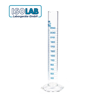 ISOLAB Mezür - Uzun Form - Hexagonal Cam Tabanlı - A Kalite - Grup Sertifikalı - Mavi Skala - 250 ml - (1 Adet)