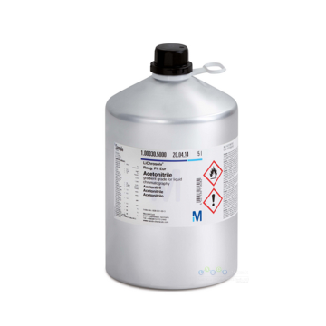 Merck 114291 Acetonitrile isocratic grade for liquid chromatography LiChrosolv®. CAS No.: 75-05-08, molar mass 41.05 g/mol, and chemical formula CH₃CN 5 L