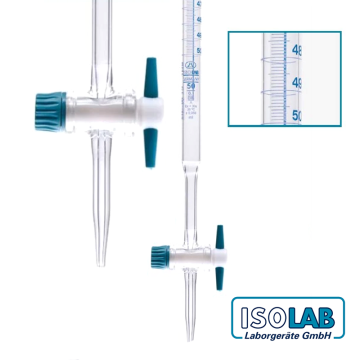 ISOLAB Büret - Düz - Şeffaf - PTFE Musluklu - AS Kalite - Grup Sertifikalı - Şelbah Çizgili - Mavi Skala - 50 mL