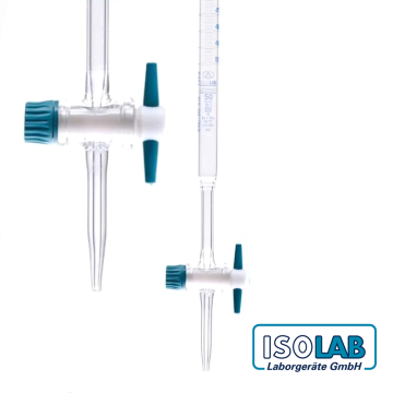 ISOLAB Büret - Düz - Şeffaf - PTFE Musluklu - AS Kalite - Grup Sertifikalı - Şelbah Çizgisiz - Mavi Skala - 25 mL