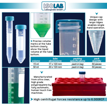 ISOLAB Tüp - Santrifüj - P.P - Non Steril - Vidalı Kapaklı - 15 ml / 50 Adet