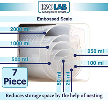 ISOLAB Beher SET - P.P - Kısa Form - Kabartma Skala - 25 mL, 50 mL, 100 mL, 250 mL, 500 mL, 1000 mL, 2000 mL / 1'er Adet
