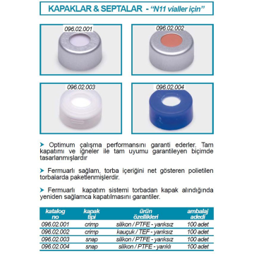 ISOLAB Crimp Kapak + Septa - Silikon / PTFE - Yarıksız - N11 Snap Vial İçin