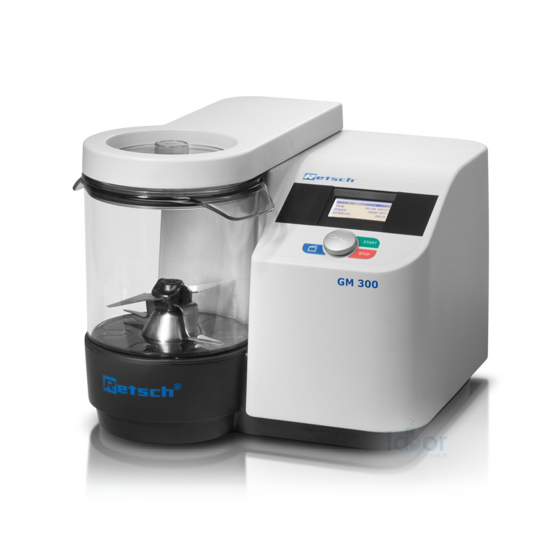 Retsch grındomıx Gm 300 Bıçaklı Öğütücü Blender  Besleme Malzemesi: Yumuşak, Yarı Sert, Elastik, W İçeren Malzeme Giriş Büyüklüğü: ~ 130 mm Çıkış Büyüklüğü: < 300 Um