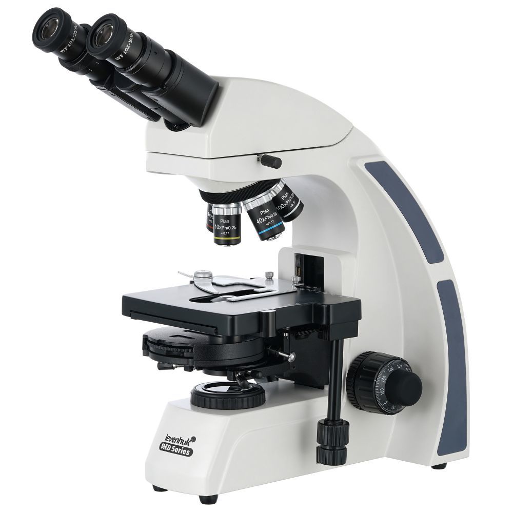Levenhuk MED 45B Binoküler Mikroskop Büyütme: 40x–1000x. Binoküler başlık, sonsuzluk düzeltimli faz kontrast