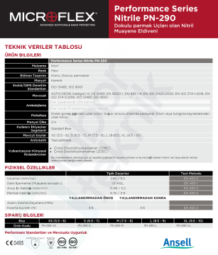 Ansell MICROFLEX® Performance Serisi PN-290 Nitril Laboratuvar Eldiveni Large (8.5 - 9) 200 Adet/Kutu