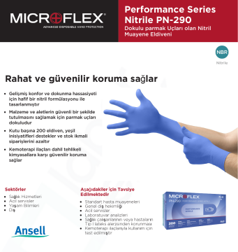 Ansell MICROFLEX® Performance Serisi PN-290 Nitril Laboratuvar Eldiveni Large (8.5 - 9) 200 Adet/Kutu