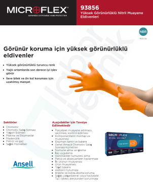 Ansell MICROFLEX® 93-856 Yüksek Görünürlüklü Nitril Laboratuvar Eldiveni XXL (10.5 - 11) 100 Adet/Kutu