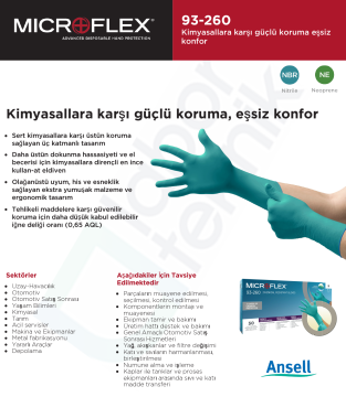 Ansell MICROFLEX® 93-260 Kimyasallara Karşı Yüksek Dirençli Nitril-Neopren Laboratuvar Eldiveni Extra Small (5.5 - 6) 50 Adet/Kutu