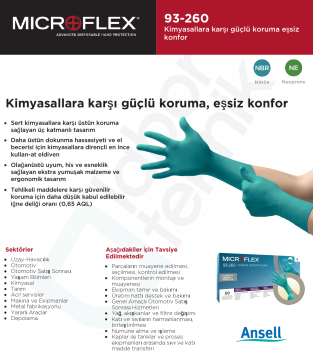 Ansell MICROFLEX® 93-260 Kimyasallara Karşı Yüksek Dirençli Nitril-Neopren Laboratuvar Eldiveni XXL (10.5 - 11) 50 Adet/Kutu