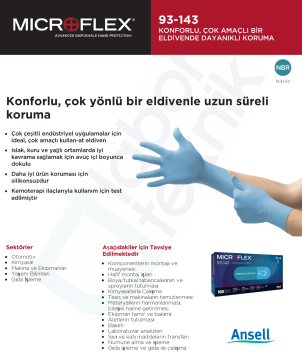 Ansell MICROFLEX® 93-143 Kimyasallara Karşı Yüksek Dirençli Nitril Laboratuvar Eldiveni Extra Small (5.5 - 6) 100 Adet/Kutu