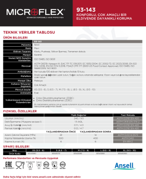 Ansell MICROFLEX® 93-143 Kimyasallara Karşı Yüksek Dirençli Nitril Laboratuvar Eldiveni Extra Small (5.5 - 6) 100 Adet/Kutu